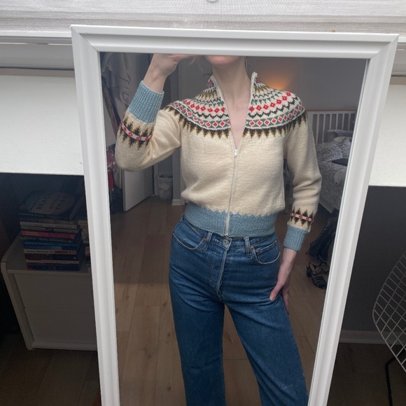 Vintage Sweaters - Vintage 70s Norwegian Wool Zip-Up Fair Isle Sweater